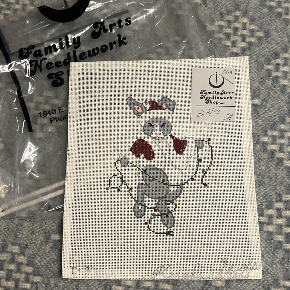 Vintage Hand Painted Needlepoint Canvas Christmas Bunny Rabbit w/ Lights 18 Mesh